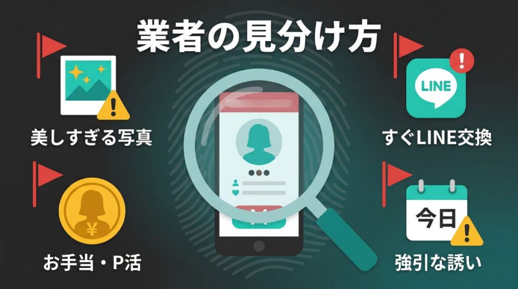 業者の見分け方：美しすぎる写真・すぐLINE交換・お手当やP活・強引な誘い