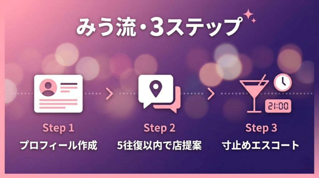 みう流3ステップ：プロフィール作成・5往復以内で店提案・寸止めエスコート